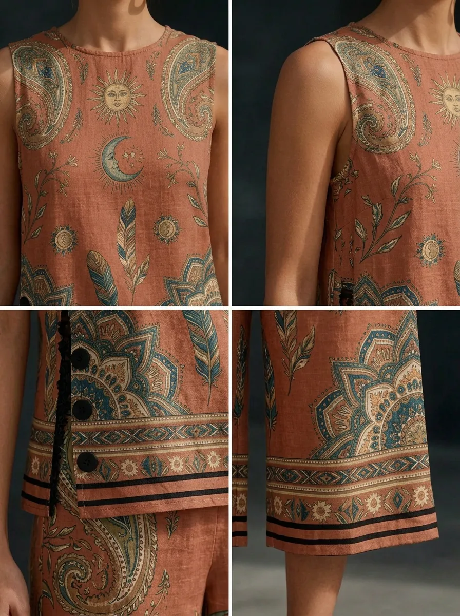 Women's Bohemian Sun Moon Feather Printed Sleeveless Set