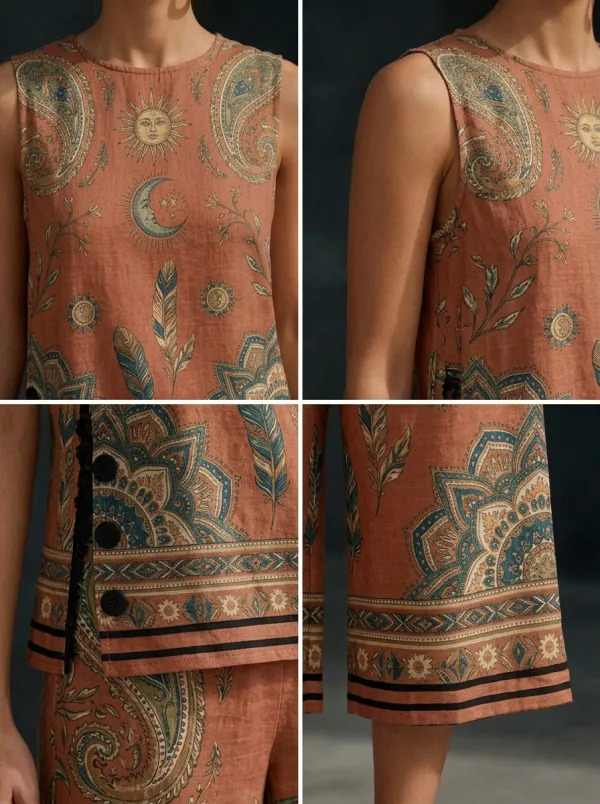 Women's Bohemian Sun Moon Feather Printed Sleeveless Set