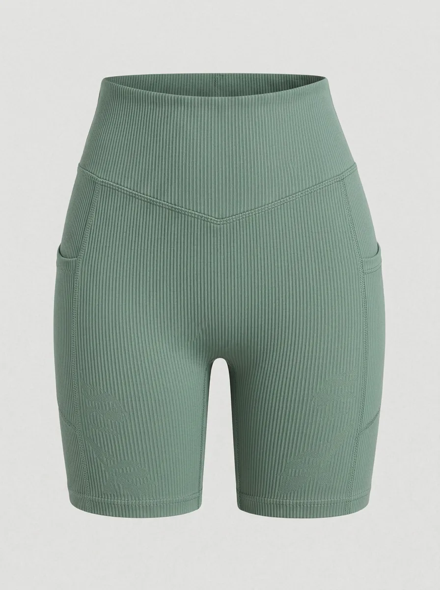 Women's Sage Green Ribbed High-Waisted Pocket Printed Biker Shorts