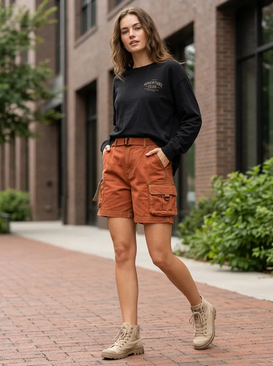 Women's Outdoor Adventure Rust Cargo Belted Shorts