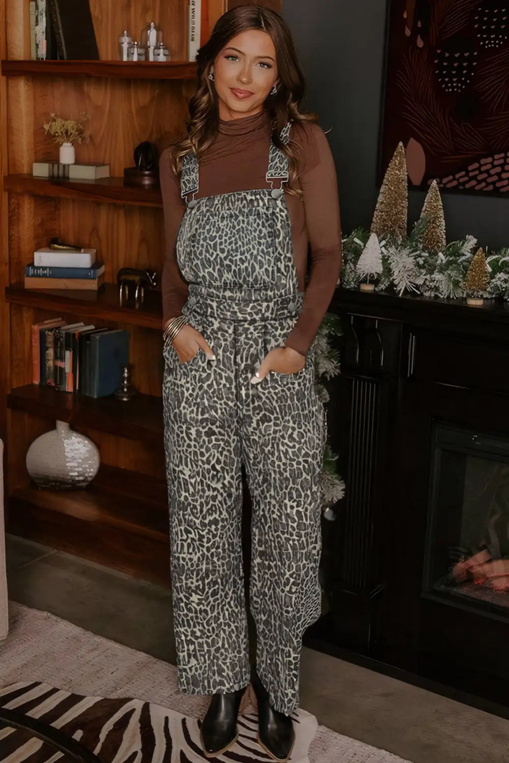 Leopard Print Straight Leg Loose Overall Denim Pants