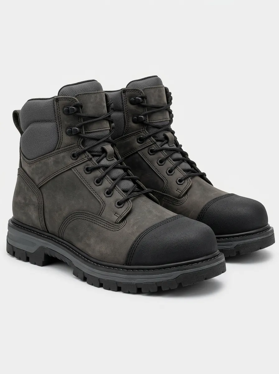 Men's Work Boots in Grey with Leather and Printed Detail