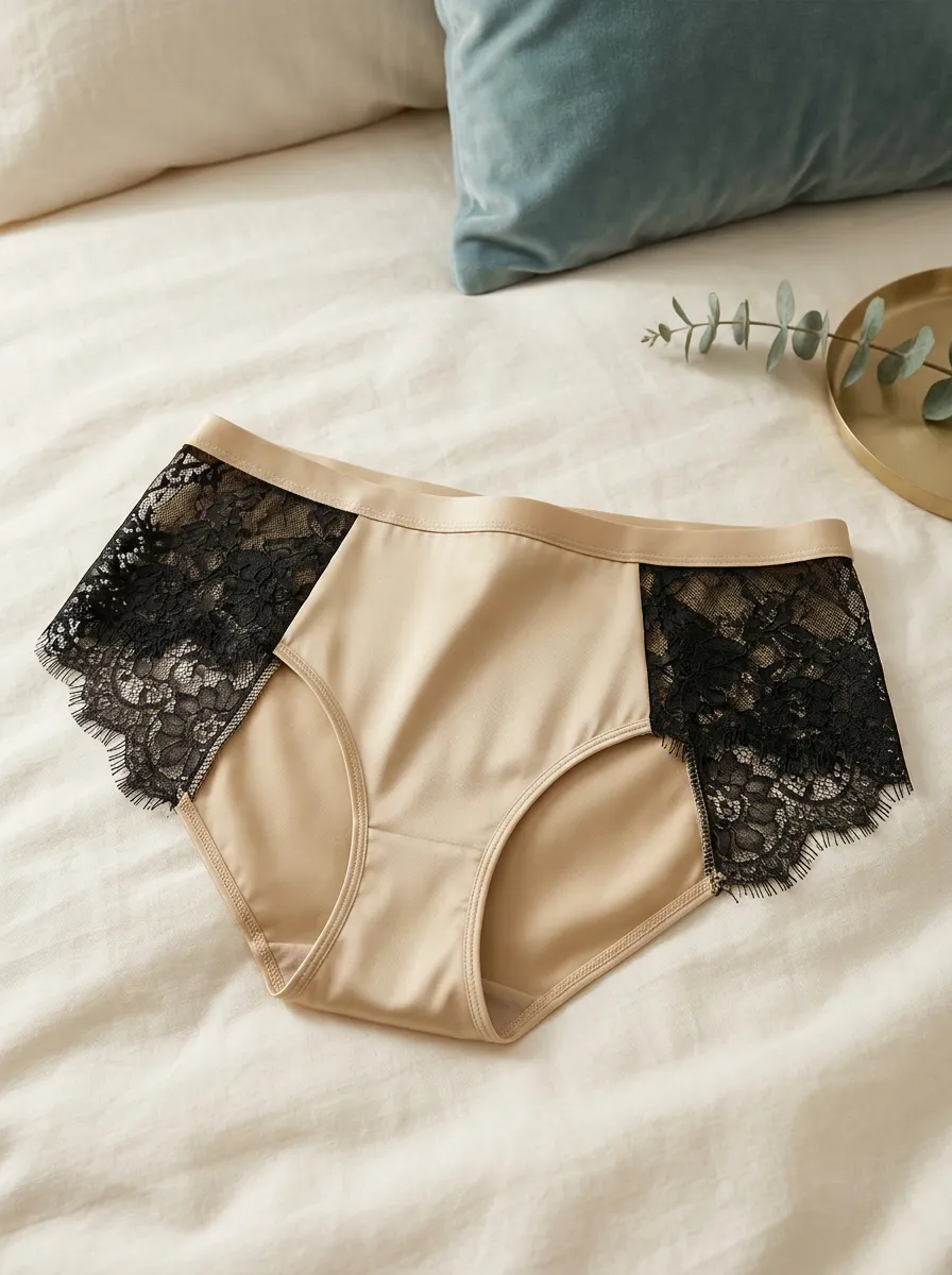 Women's Beige Black Lace Trimmed Briefs Panties