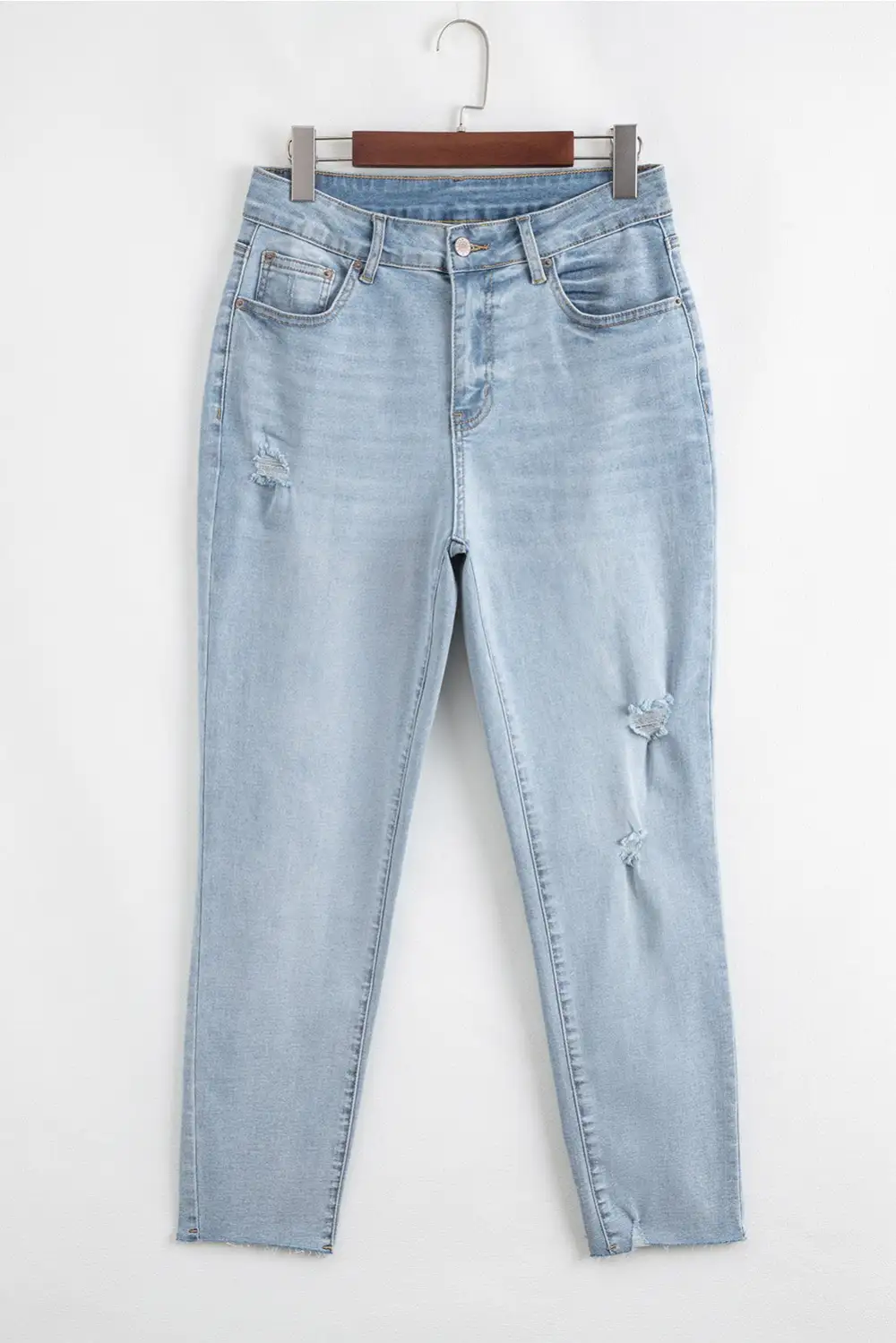 Mid Rise Cropped Distressed Raw Hem Casual Jeans