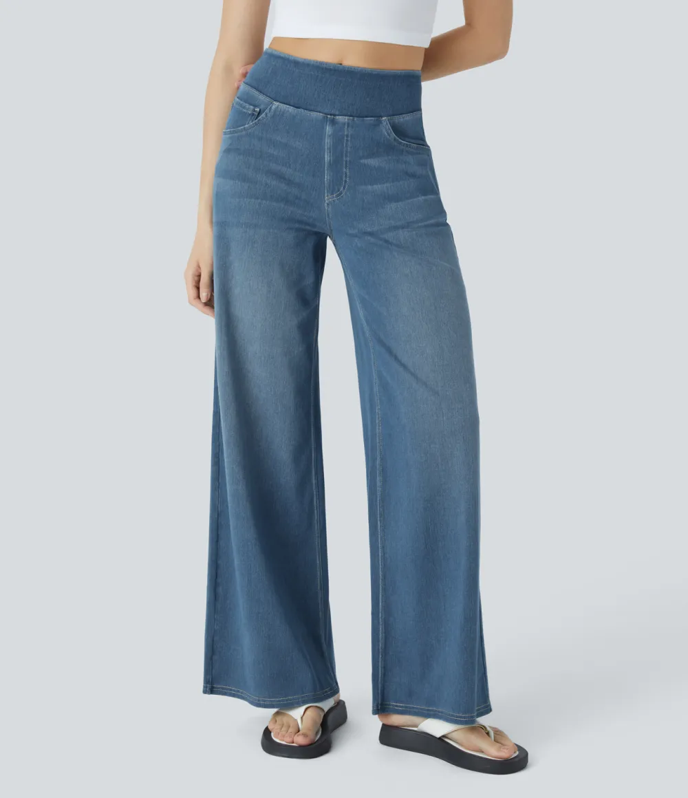Magic High Waisted Multiple Pockets Wide Leg Washed Stretchy Knit Casual Jeans