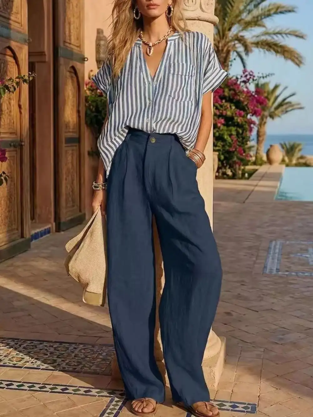 Full Size Striped Button Up Shirt and Pants Set