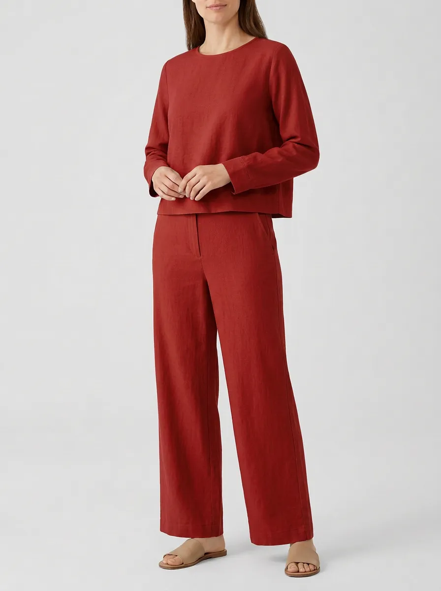 Women's Long-Sleeve Crewneck Top And Wide-Leg Trouser Two-Piece Set