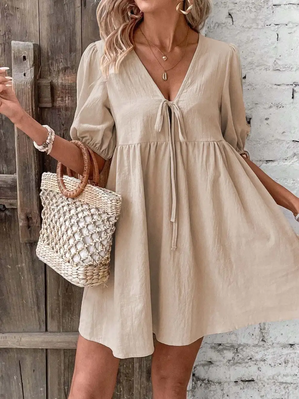 V Neck A Line Mini Dress