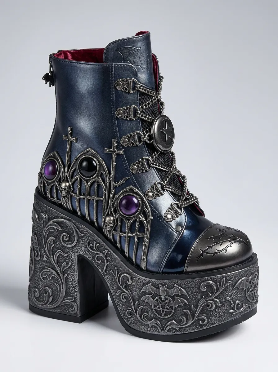 Nightfall Pentagram Skull Embossed Edit Women's Gothic Platform Boots