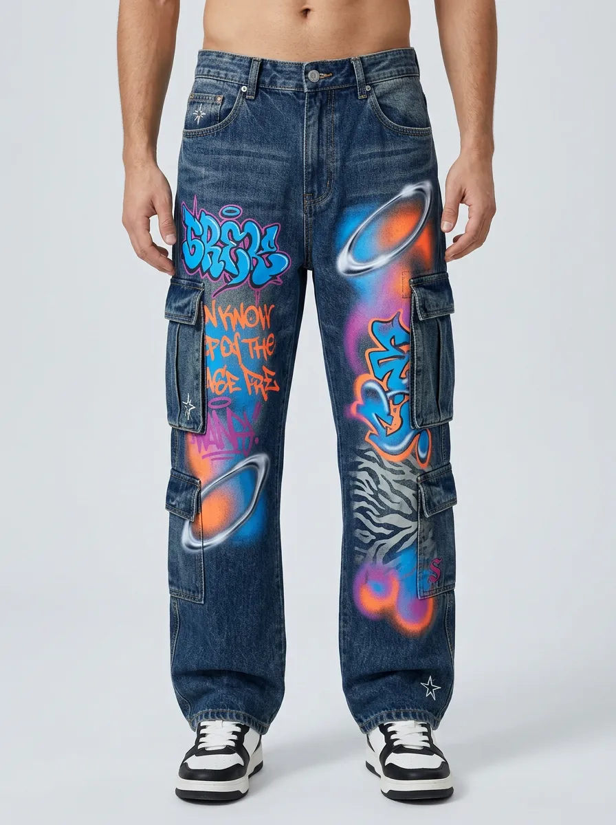 Men's Streetwear Graffiti Planet Print Graphic Cargo Jeans