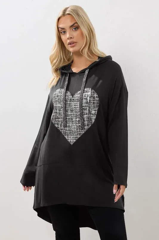 Black Heart Print Longline Hoodie