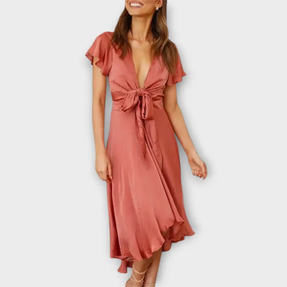 V-Neck Belted Flowing Midi Dress