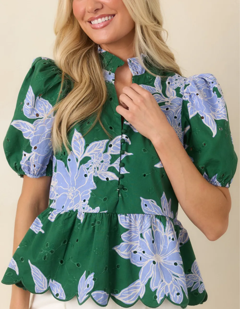 Button-Front Short-Sleeve Peplum Puff-Sleeve Top