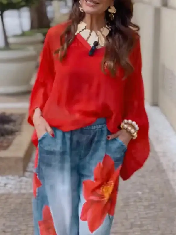 Floral Print Relaxed Fit Wide Leg Jeans