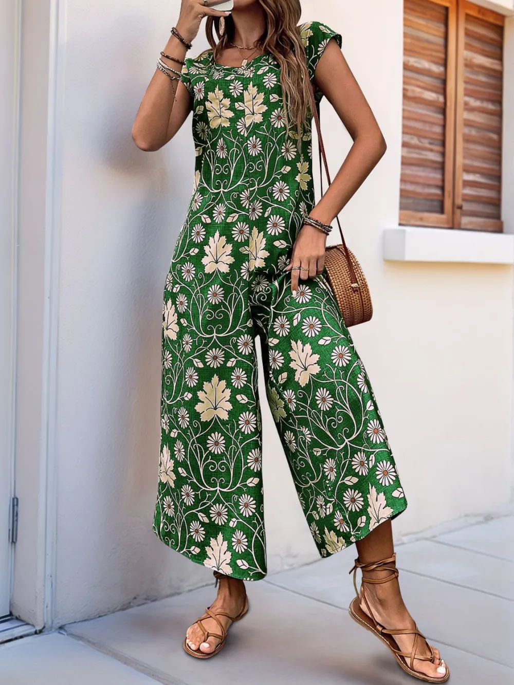 Round Neck Cap Sleeve Wide Leg Jumpsuit