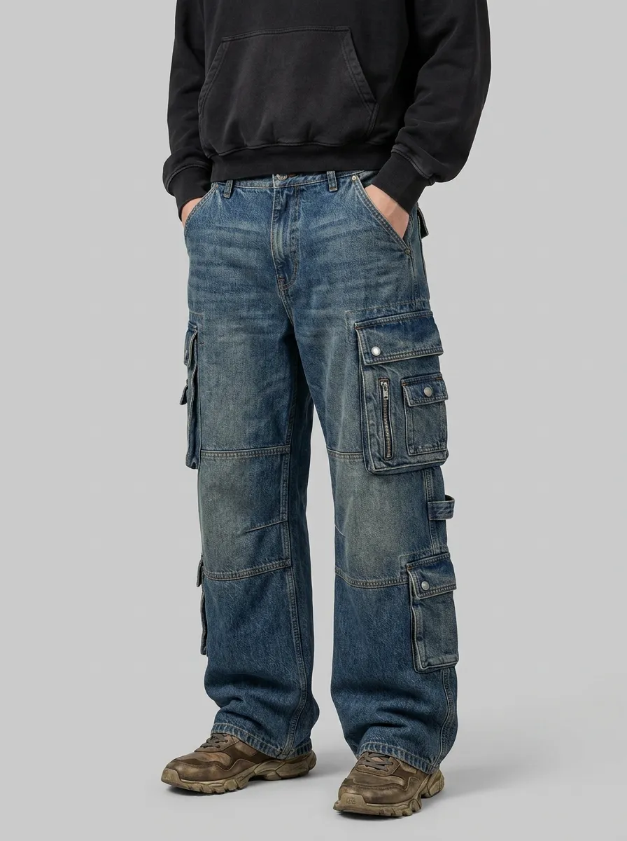 Men's Button Fly Wash Multi-Pocket Cargo Jeans