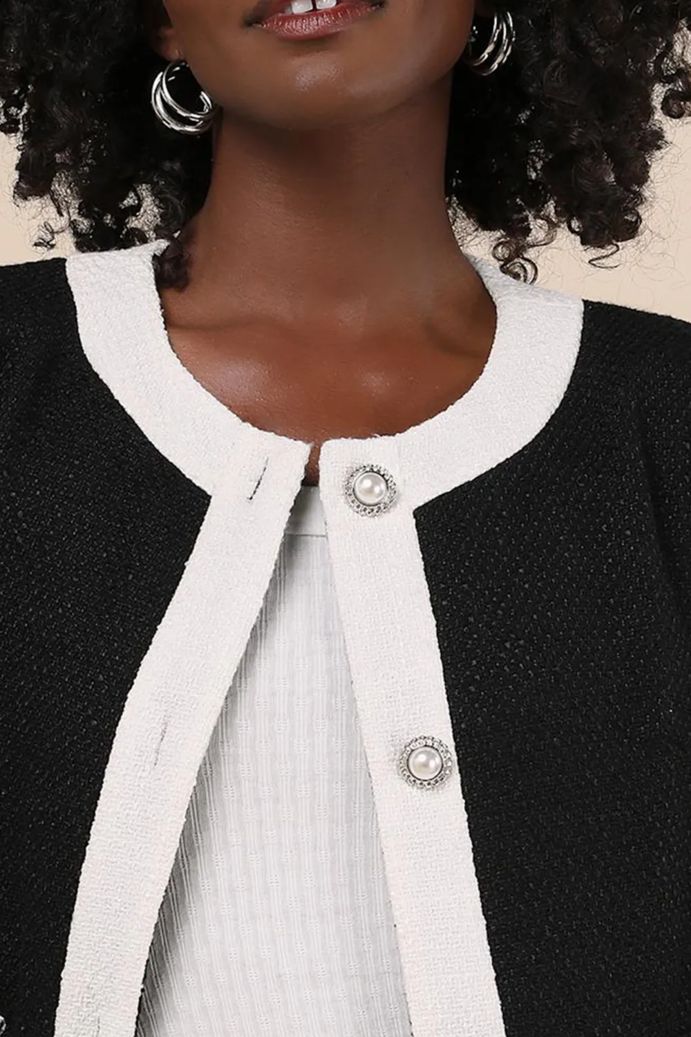 Casual Style Black and White Color Block Tweed Jacket