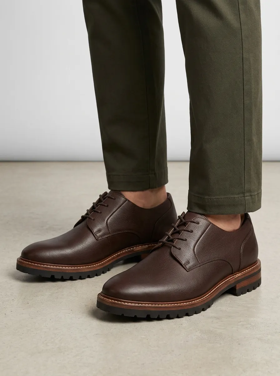 Men's Classic Pebble Grain Lug Sole Lace-Up Round Toe Contrast Welt Leather Oxford Shoes