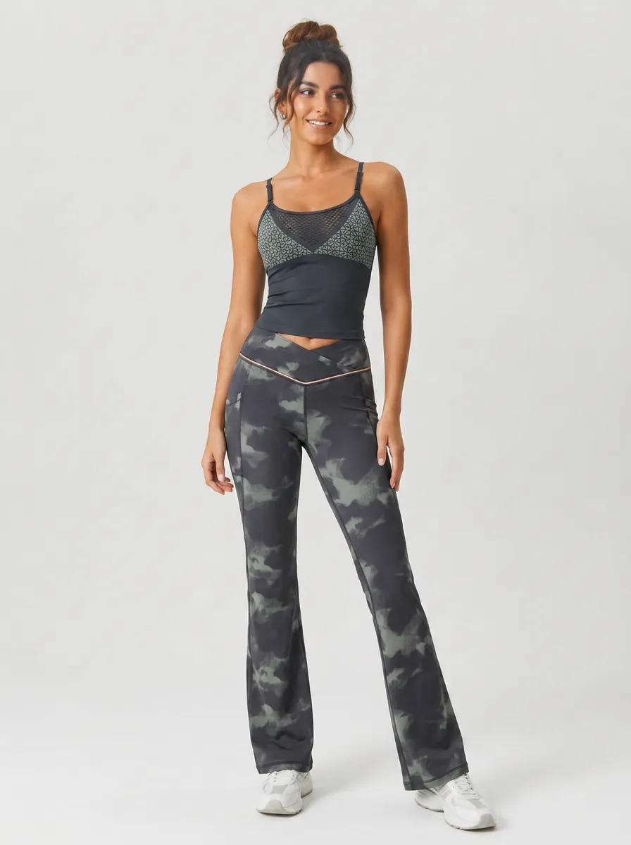 Women's Yoga Fitness Camo Printed Crossover Flare Legging Set