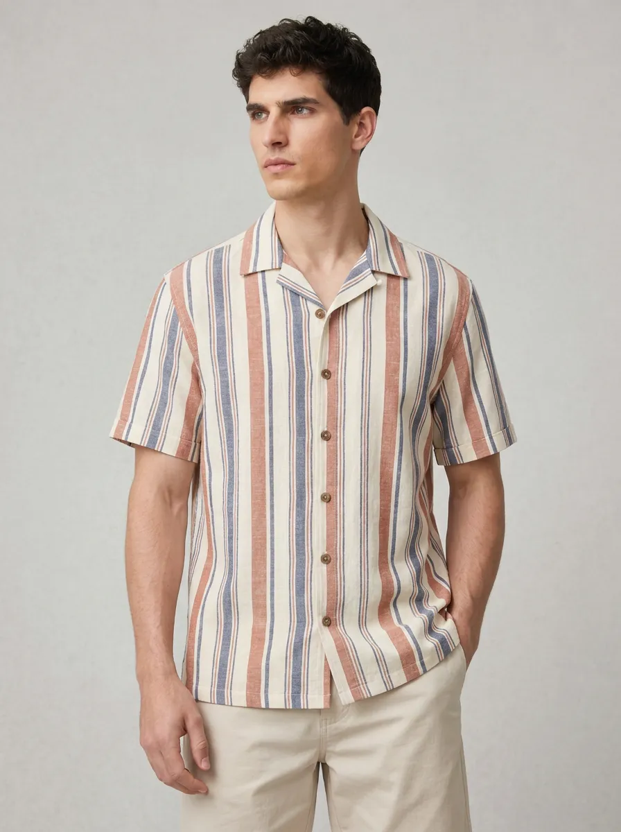 Men's Multi-Stripe Camp Collar Short Sleeve Shirt