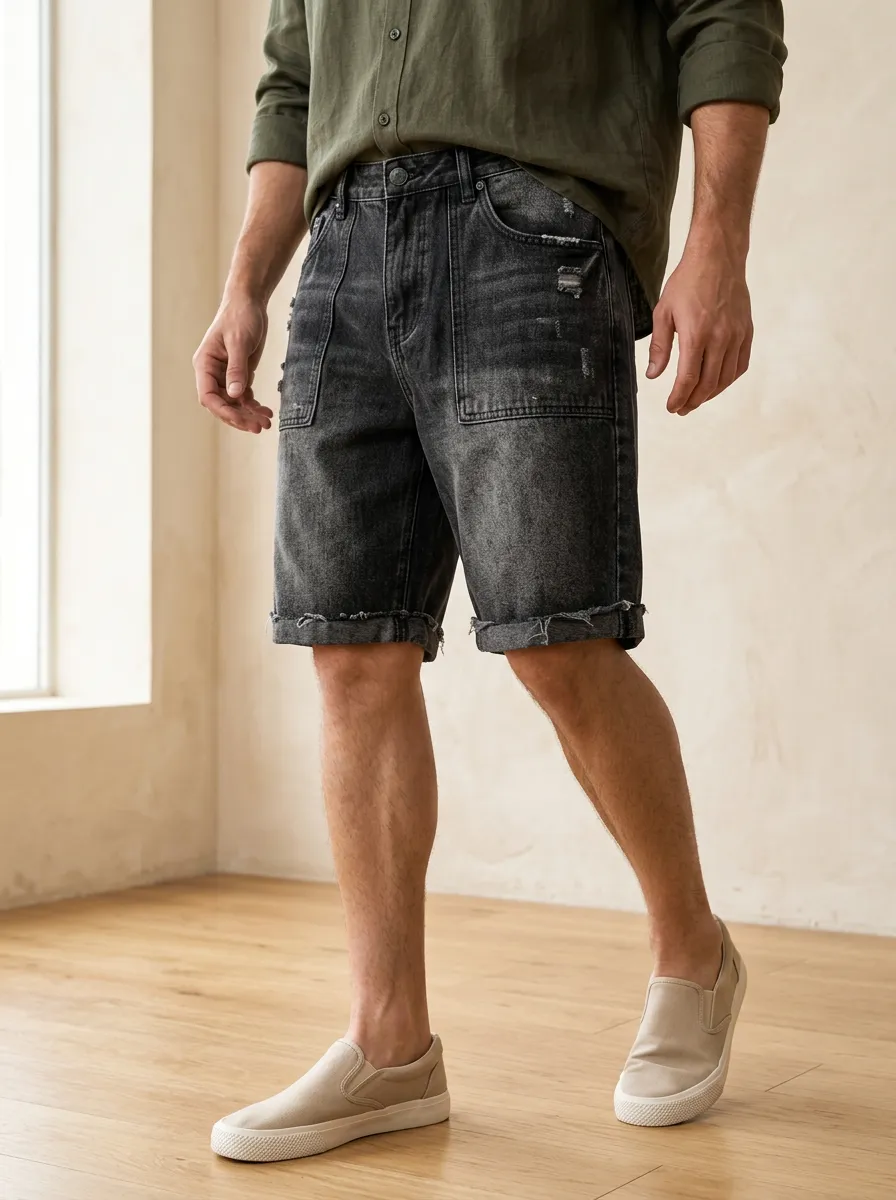 Men's Button Fly Distressed Denim Shorts