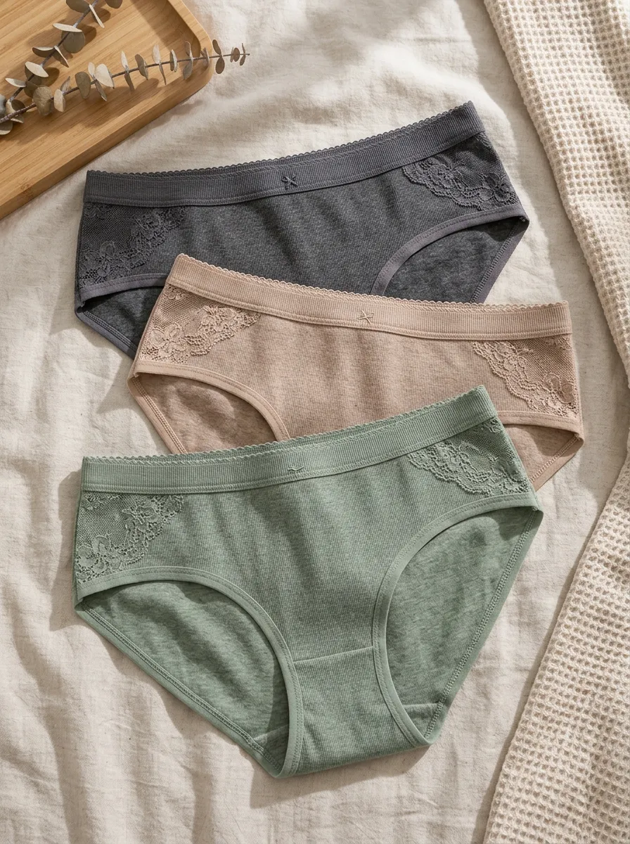 Women's Lace Trim Cotton Ribbed Multi-color Panties Set