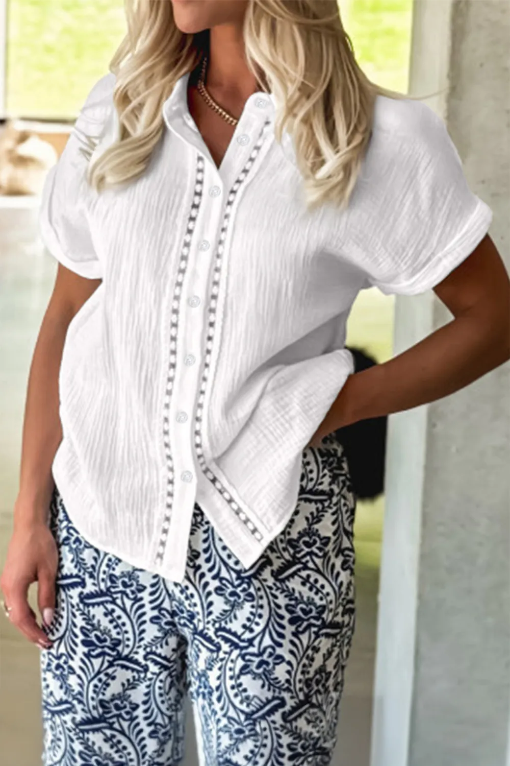 White Lace Trim Cuffed Short Sleeve Shirt