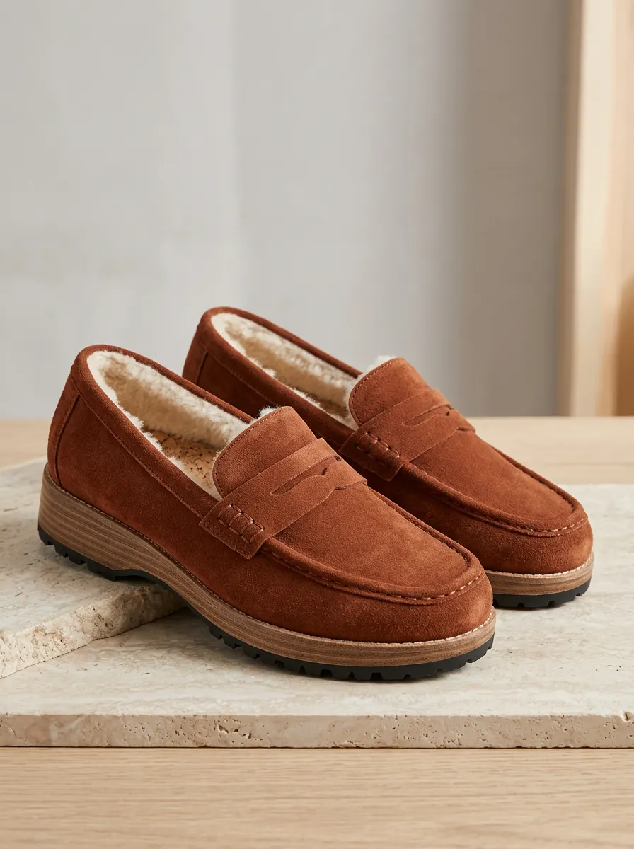 Women's Field Faux Fur Lined Winter Suede Wood Sole Loafers