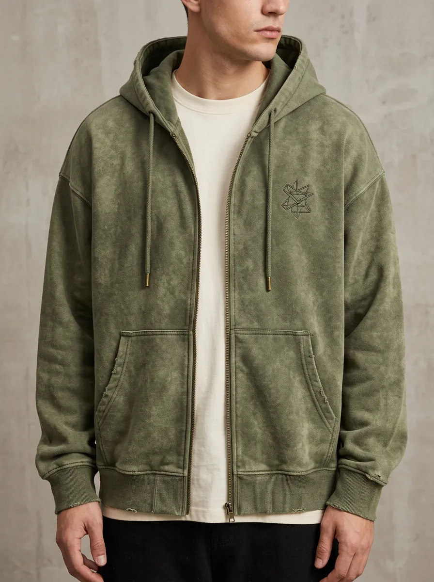 Men's Geometric Star Graphic Acid Wash Printed Zip Hoodie