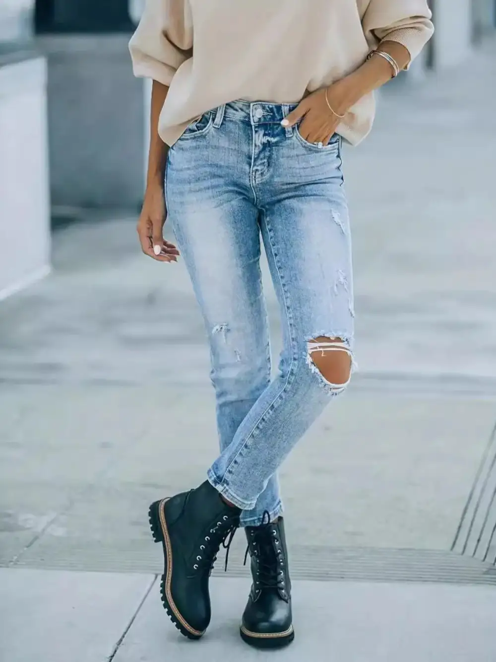Utility High Waist Distressed Denim Jeans