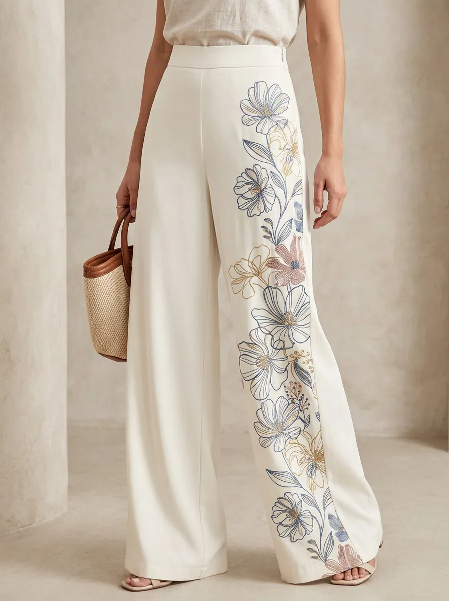 Women's Floral Botanical Side Patterned High-Waisted Wide-Leg Pants