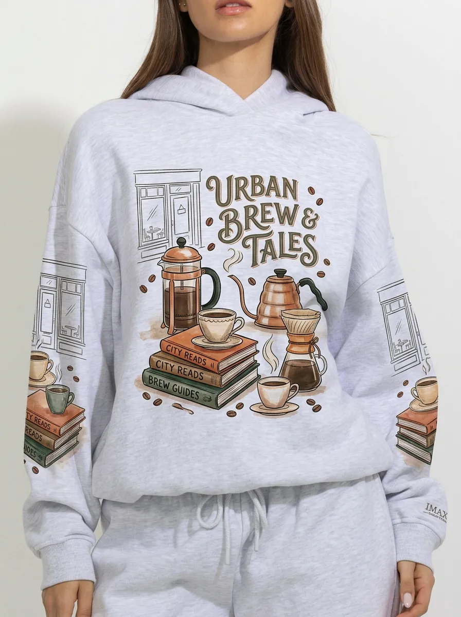Women's Coffee Book Lover Urban Brew Tales Printed Hoodie