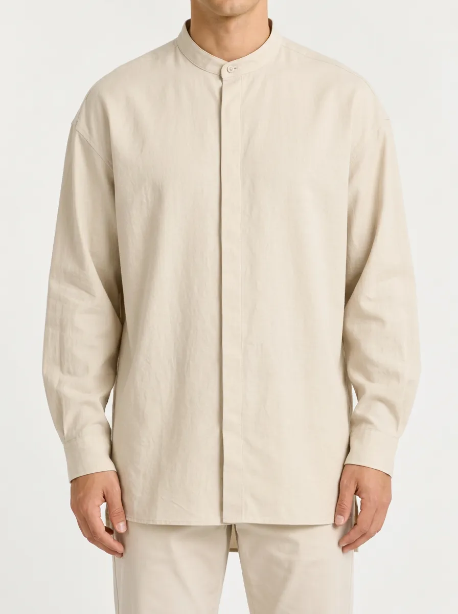 Beige Minimal Look Mandarin Collar Shirt