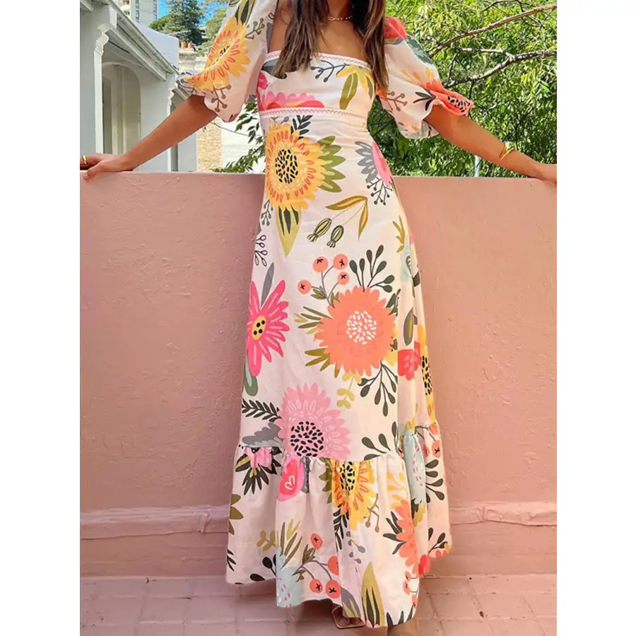 Floral Square Neck Puff Sleeve Maxi Dress with Ruffle Hem