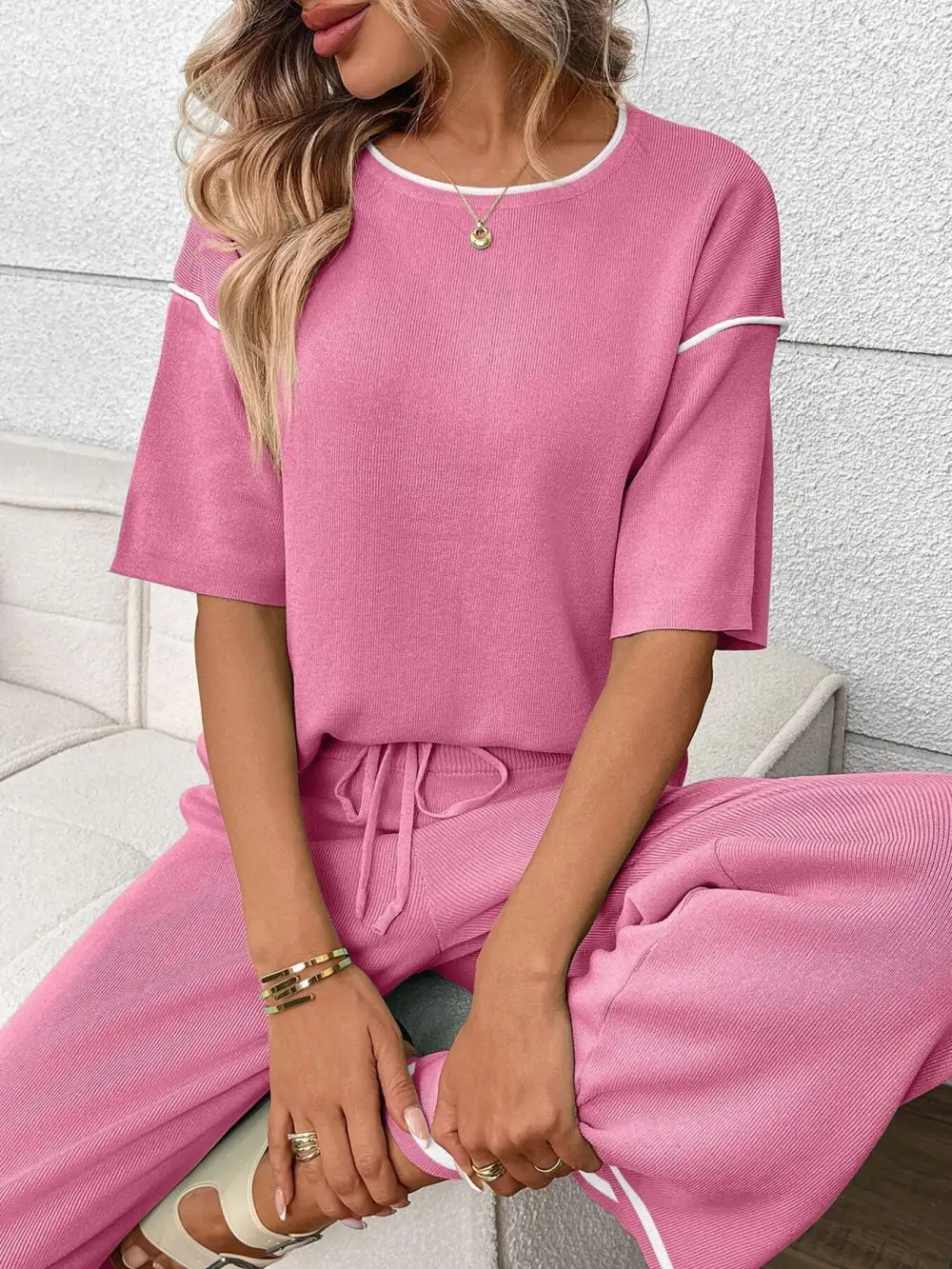 Round Neck Half Sleeve Top and Pants Set