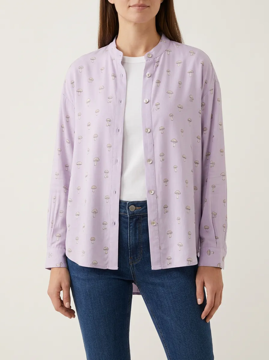 Women's Mushroom-Print Mandarin-Collar Rounded-Hem Shirt