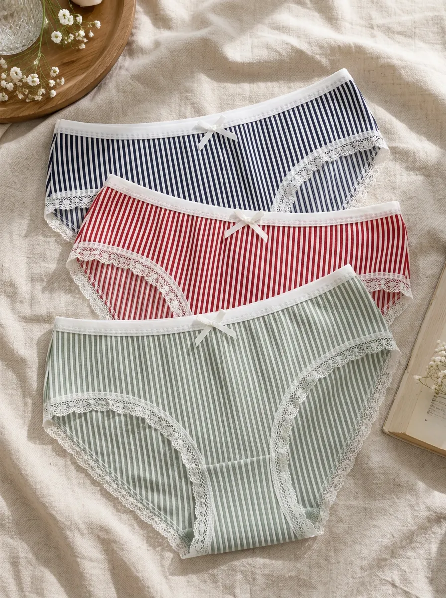 Women's Lace Trim Bow Detail Printed Striped 3-Piece Underwear Set