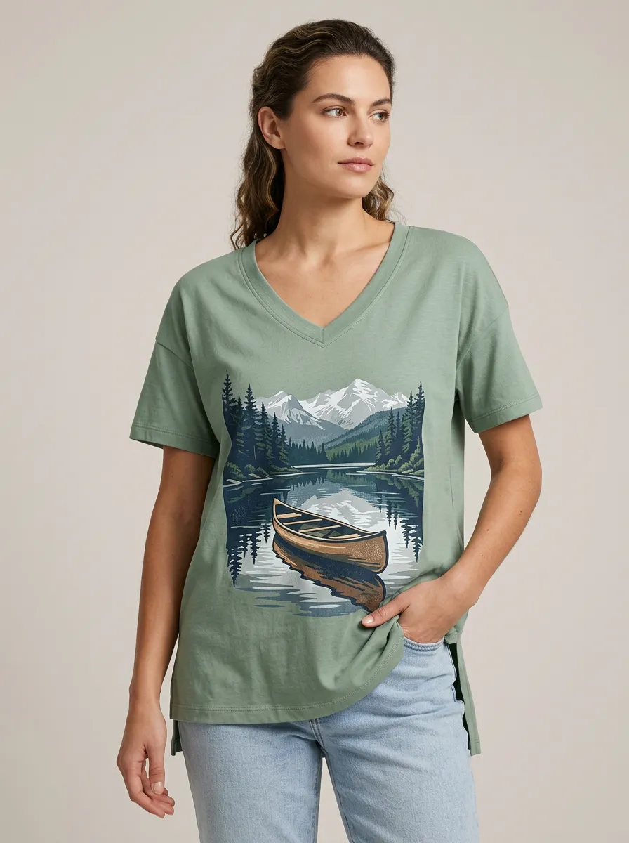 Women's Mountain & Canoe Graphic V-Neck T-Shirt
