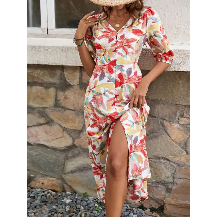 Printed V-neck Half Sleeve Midi Dress