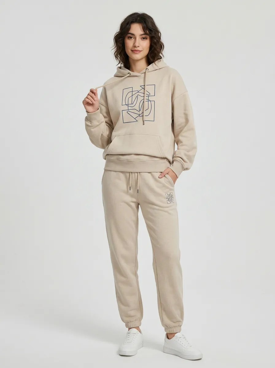 Women's Beige Relaxed Fit Solid Hoodie & Jogger Pants Set