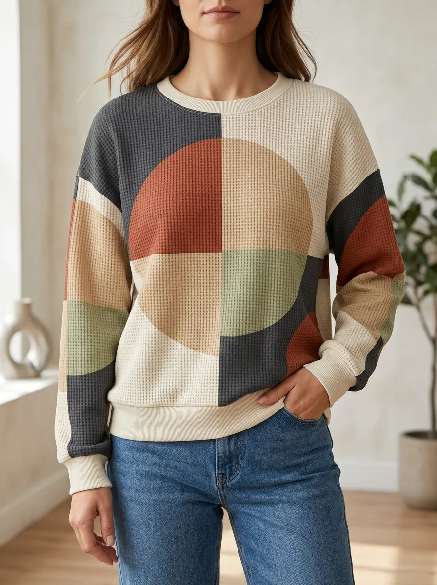Women's Geometric Colorblock Waffle Knit Illustrated Crewneck Sweatshirt