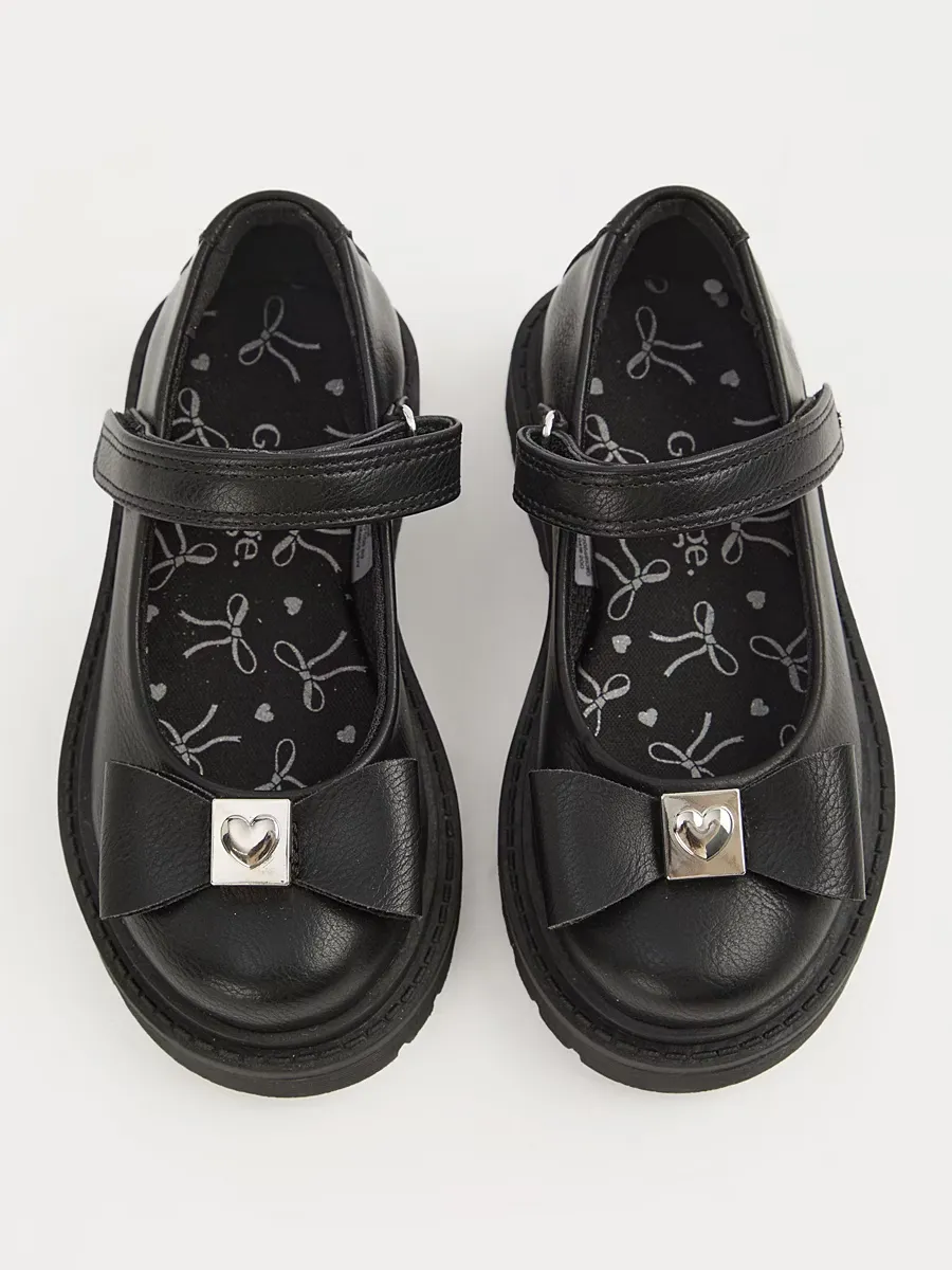 Black Leather Look Bow Chunky Mary Jane School Shoes