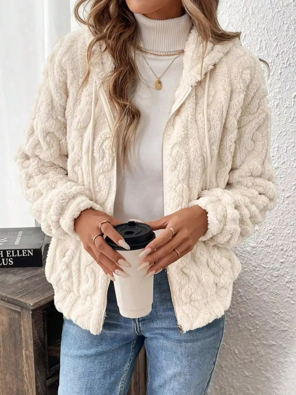 Drawstring Zip-up Fleece Hooded Outerwear
