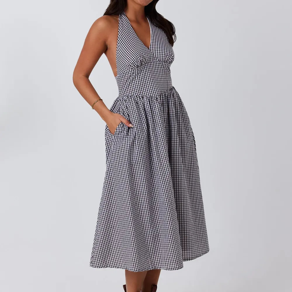 Women's Western Gingham Halter Neck Midi Dress