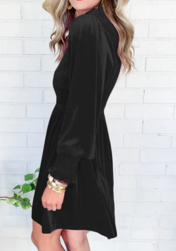 Smocked Velvet Look Mini Dress