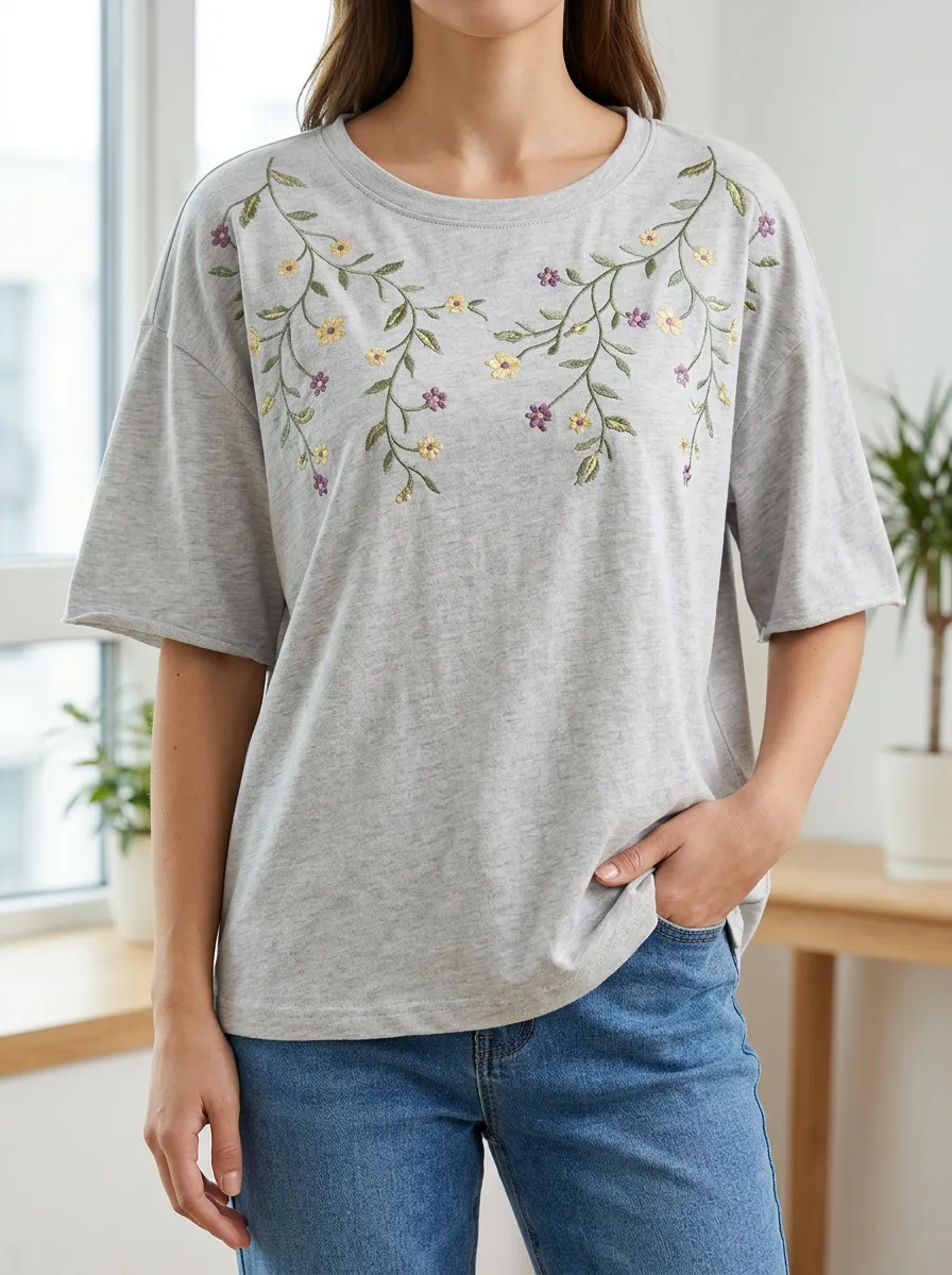 Floral Print Embroidered Detail Women's Short Sleeve Everyday Top