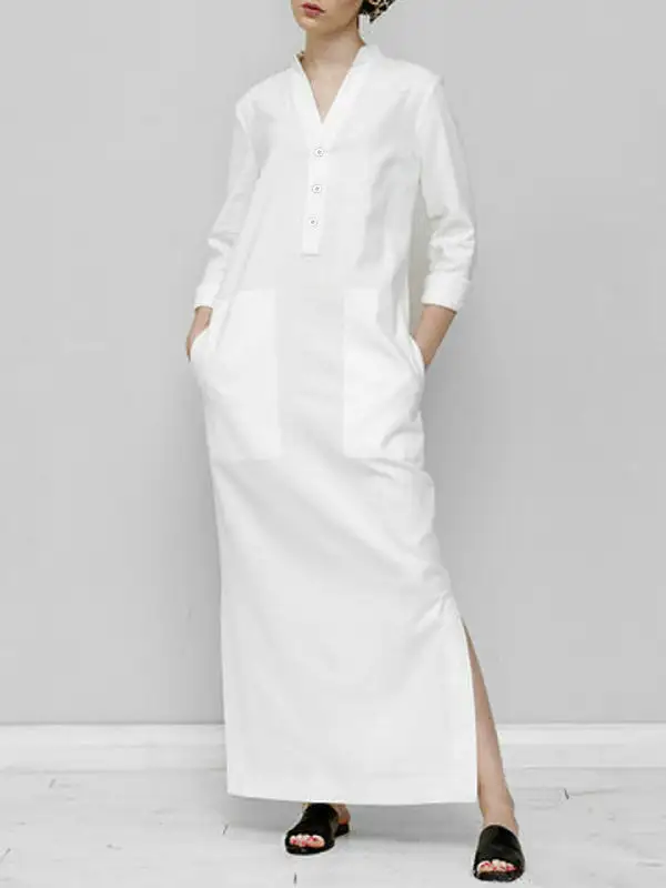 Sleeves Loose Long Neck Maxi Dress
