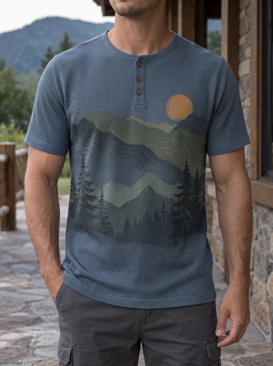 Men's Scenic Nature Lover Mountain Forest Sunset Henley T-Shirt