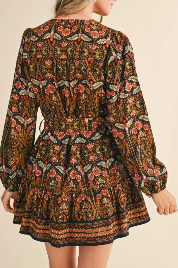 Black Floral Button Down Belted Dress