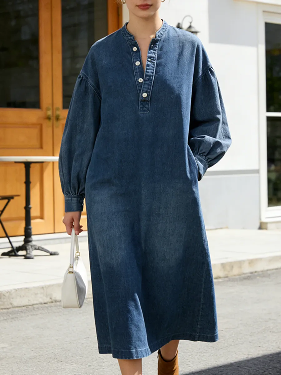 Sleeves Buttoned Long Neck Maxi Dress